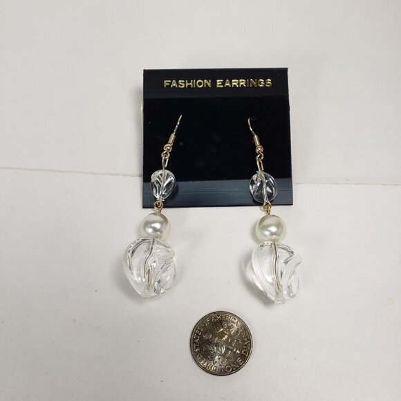 Clear Twisted Bead Drop Earrings w/ Off-white Accent Modern Statement Dangle - Picture 8 of 9